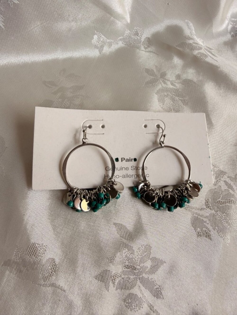 Silver-Tone Hoop Earrings w/ Green Beads & Silver Disk Sequin - Hook Backs